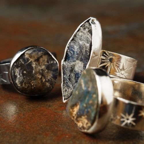 Handcrafted contemporary recycled sterling silver rough top labradorite star stamped rings